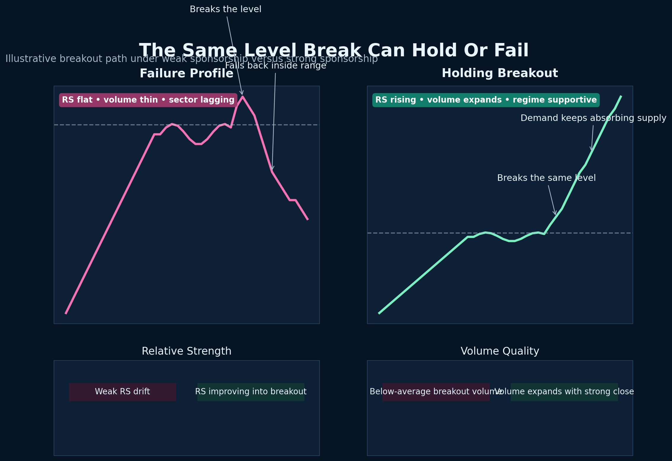 Illustrative comparison of a false breakout path versus a stronger breakout path under better RS, volume, and regime sponsorship.