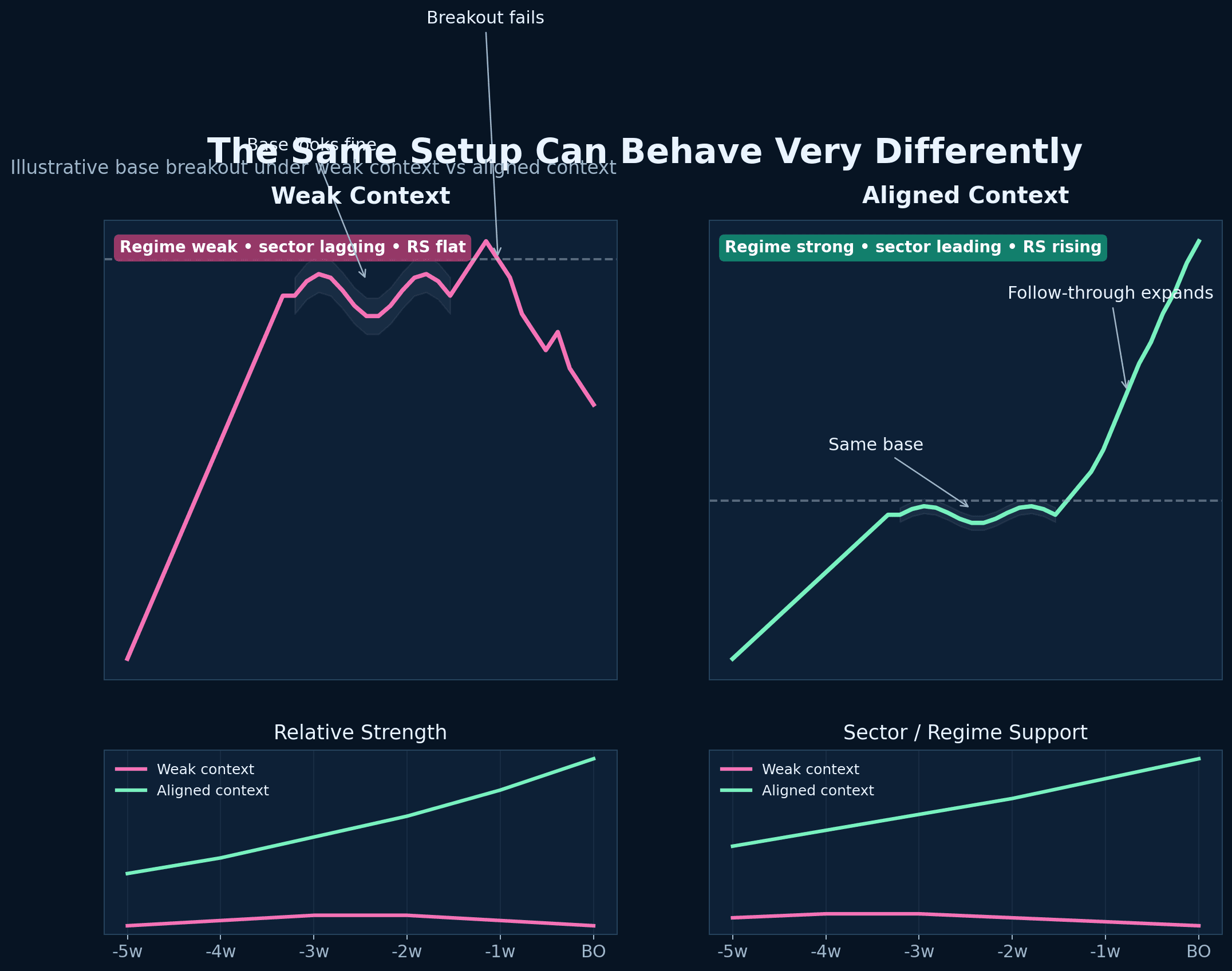 Illustrative comparison of the same base under weak context versus aligned context, with RS and sector support improving only in the stronger case.